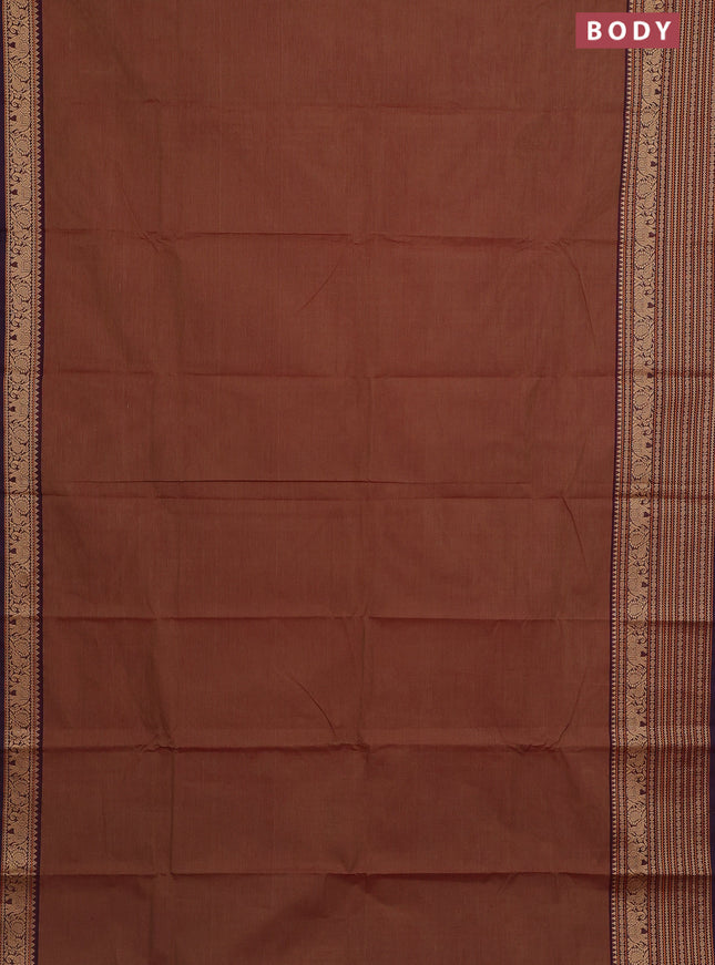 Chettinad cotton saree pastel brown and deep maroon with plain body and long thread woven border