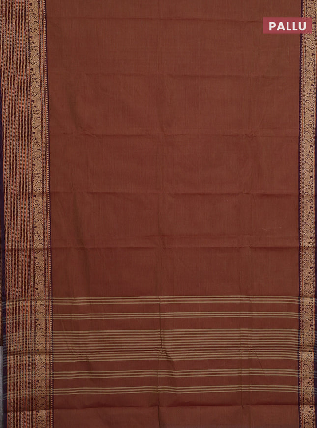 Chettinad cotton saree pastel brown and deep maroon with plain body and long thread woven border