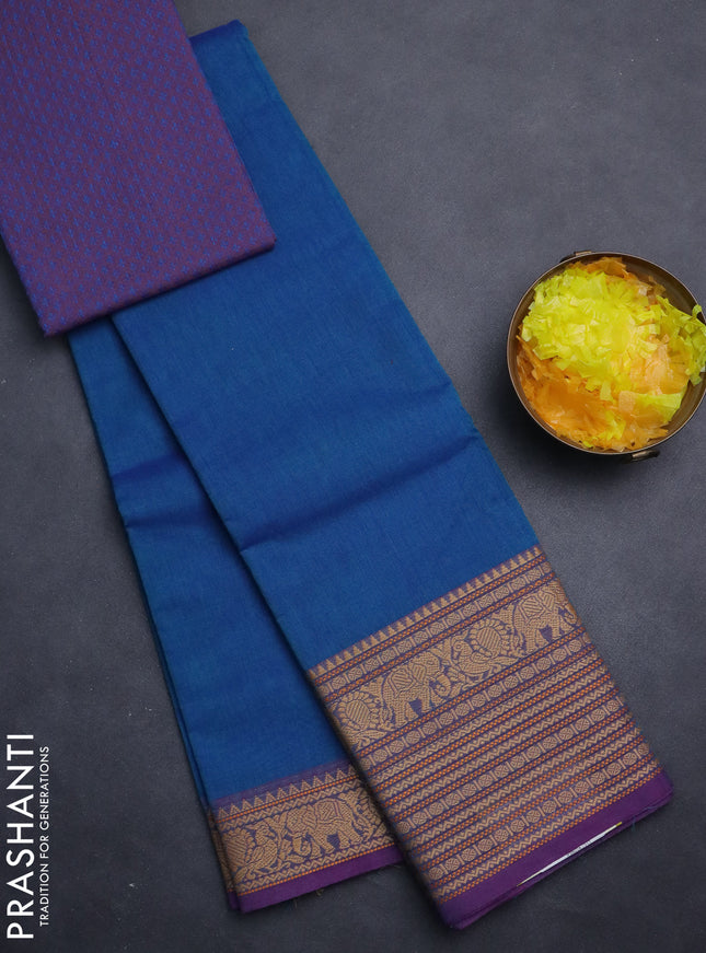 Chettinad cotton saree blue and purple with plain body and long thread woven border