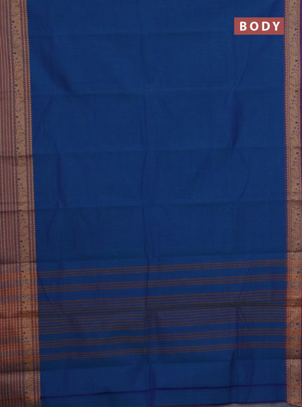 Chettinad cotton saree blue and purple with plain body and long thread woven border