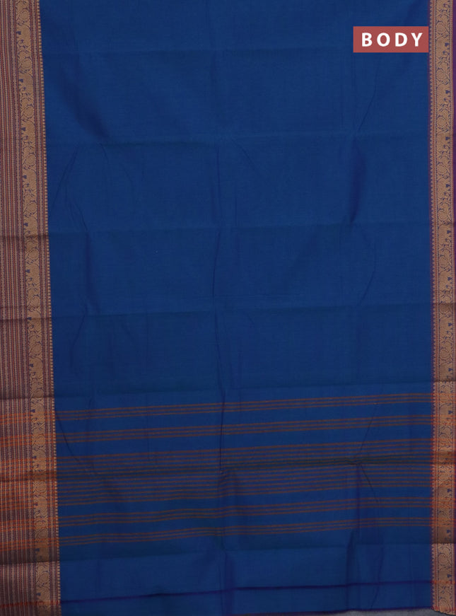 Chettinad cotton saree blue and purple with plain body and long thread woven border