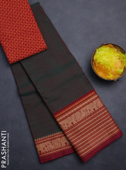 Chettinad cotton saree manthulir green and red with palin body and long thread woven border