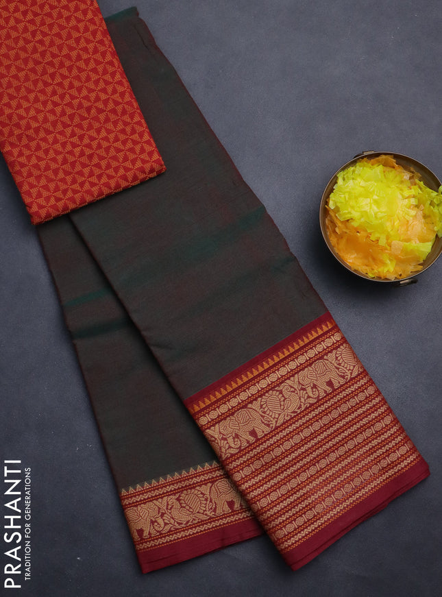 Chettinad cotton saree manthulir green and red with palin body and long thread woven border