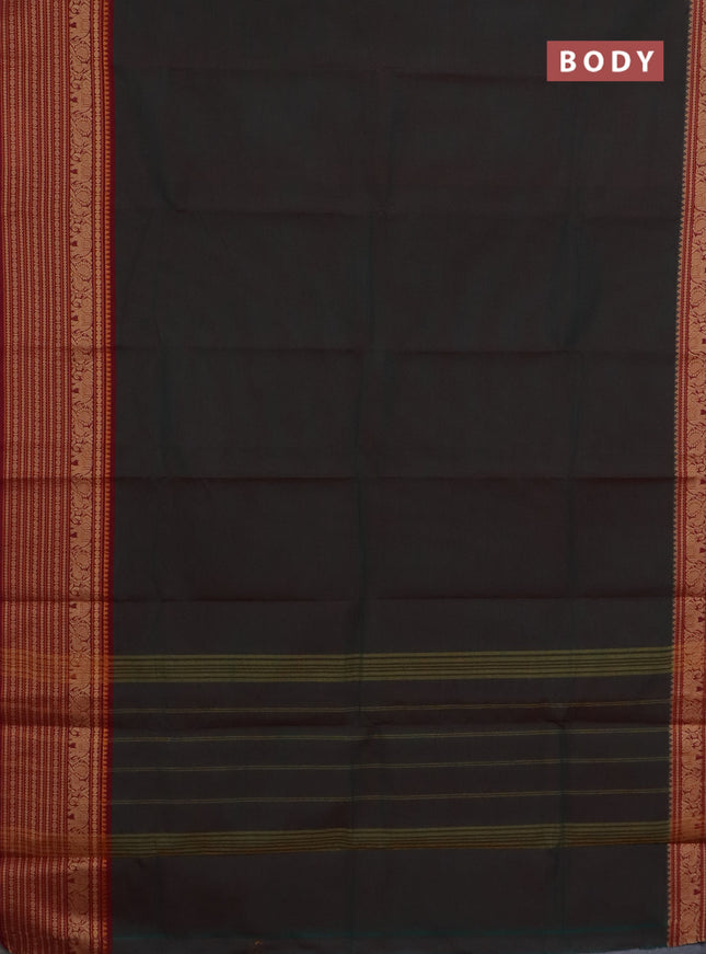 Chettinad cotton saree manthulir green and red with palin body and long thread woven border