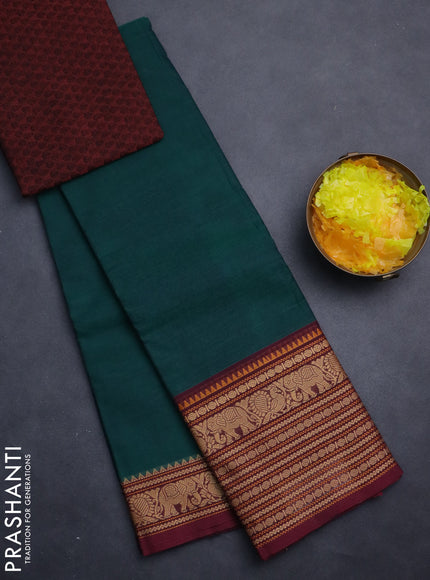 Chettinad cotton saree peacock green and maroon with palin body and long thread woven border