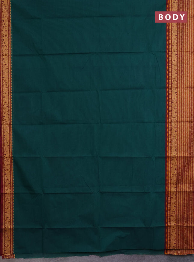 Chettinad cotton saree peacock green and maroon with palin body and long thread woven border