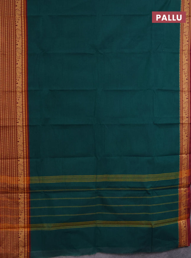 Chettinad cotton saree peacock green and maroon with palin body and long thread woven border
