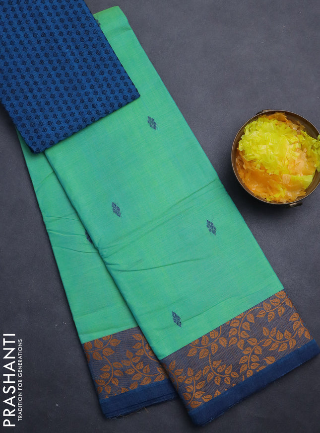 Chettinad cotton saree teal greenish blue and peacock blue with thread woven buttas and thread woven border