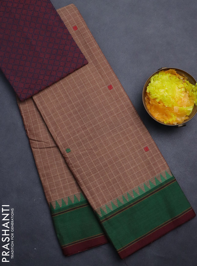 Chettinad cotton saree pastel brown and brown with allover checked pattern & thread woven buttas and temple design rettapet border
