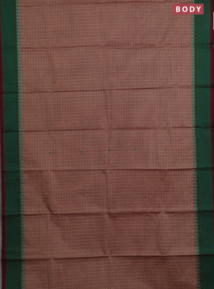 Chettinad cotton saree pastel brown and brown with allover checked pattern & thread woven buttas and temple design rettapet border