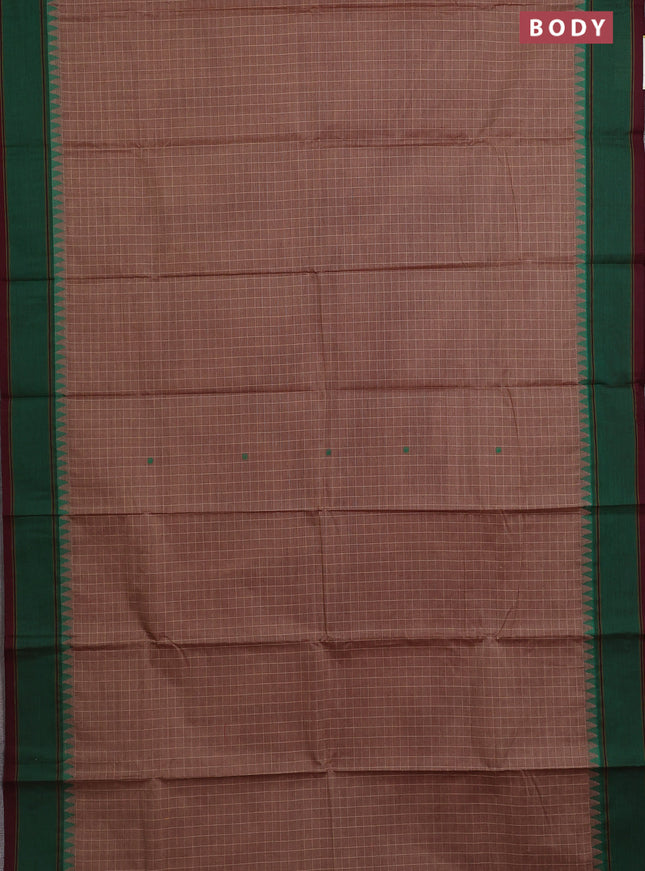 Chettinad cotton saree pastel brown and brown with allover checked pattern & thread woven buttas and temple design rettapet border