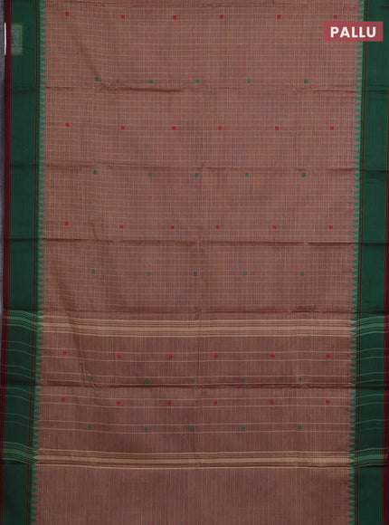 Chettinad cotton saree pastel brown and brown with allover checked pattern & thread woven buttas and temple design rettapet border