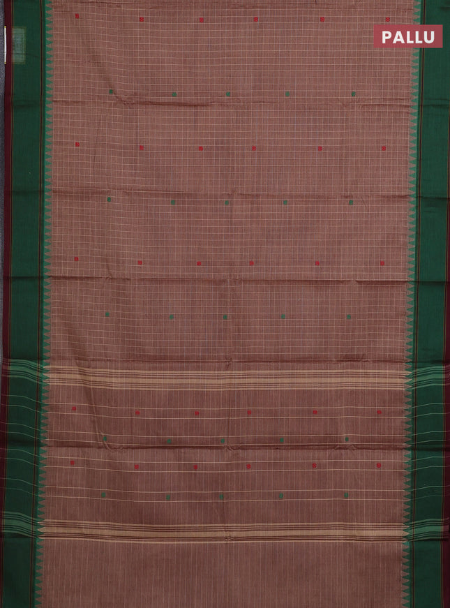 Chettinad cotton saree pastel brown and brown with allover checked pattern & thread woven buttas and temple design rettapet border