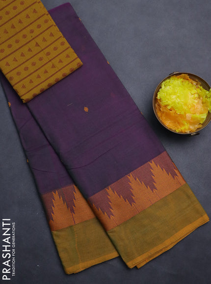 Chettinad cotton saree dual shade of greenish purple and mustard green with thread woven buttas and temple design simple border