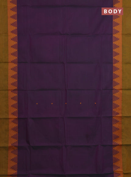Chettinad cotton saree dual shade of greenish purple and mustard green with thread woven buttas and temple design simple border
