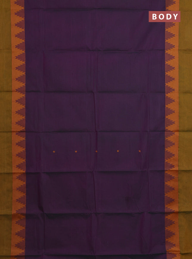 Chettinad cotton saree dual shade of greenish purple and mustard green with thread woven buttas and temple design simple border
