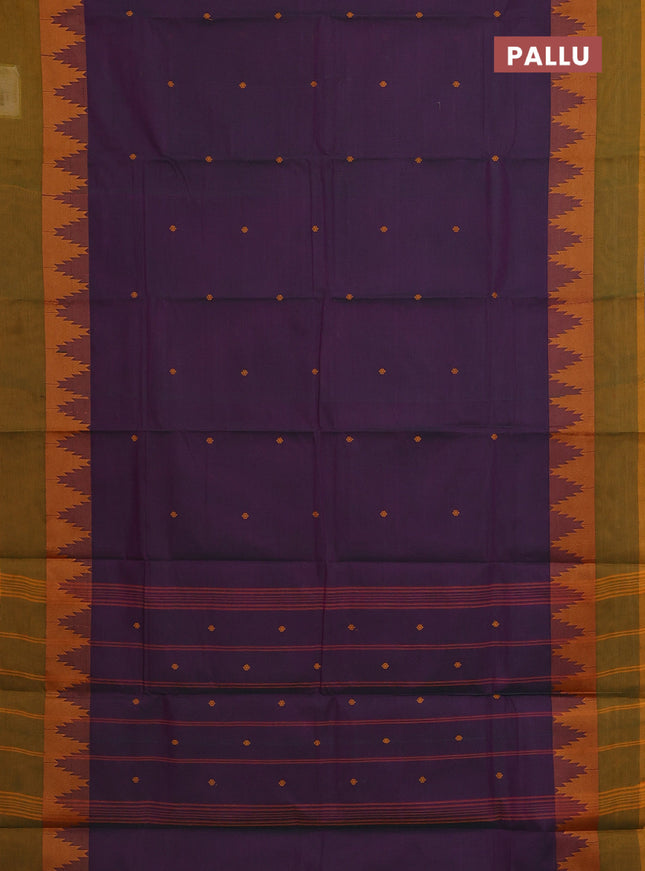 Chettinad cotton saree dual shade of greenish purple and mustard green with thread woven buttas and temple design simple border