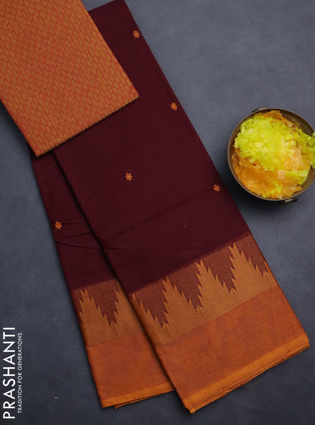 Chettinad cotton saree deep maroon and dark mustard with thread woven buttas and temple design simple border