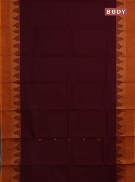 Chettinad cotton saree deep maroon and dark mustard with thread woven buttas and temple design simple border