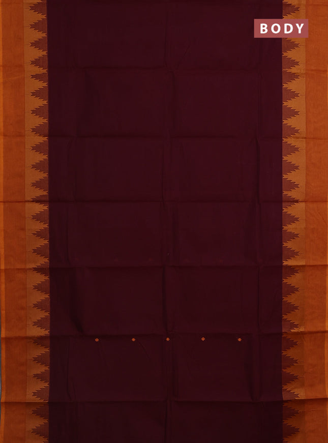 Chettinad cotton saree deep maroon and dark mustard with thread woven buttas and temple design simple border