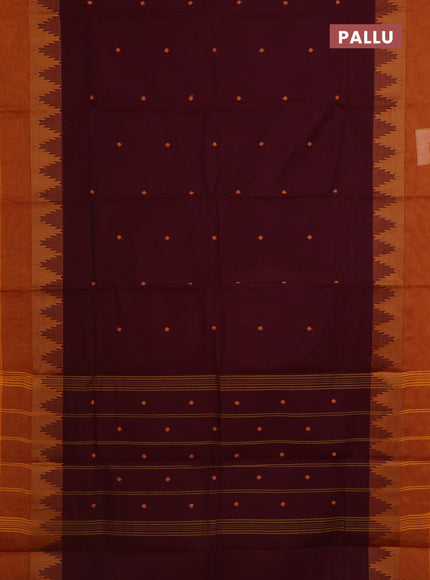Chettinad cotton saree deep maroon and dark mustard with thread woven buttas and temple design simple border