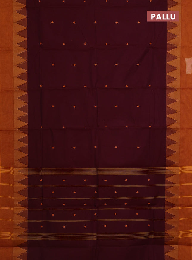 Chettinad cotton saree deep maroon and dark mustard with thread woven buttas and temple design simple border
