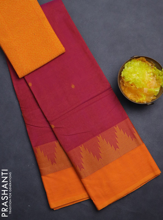 Chettinad cotton saree dual shade of magenta pink and orange with thread woven buttas and temple design simple border