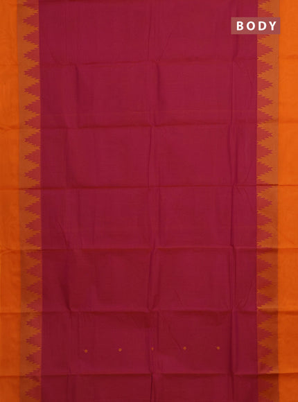Chettinad cotton saree dual shade of magenta pink and orange with thread woven buttas and temple design simple border
