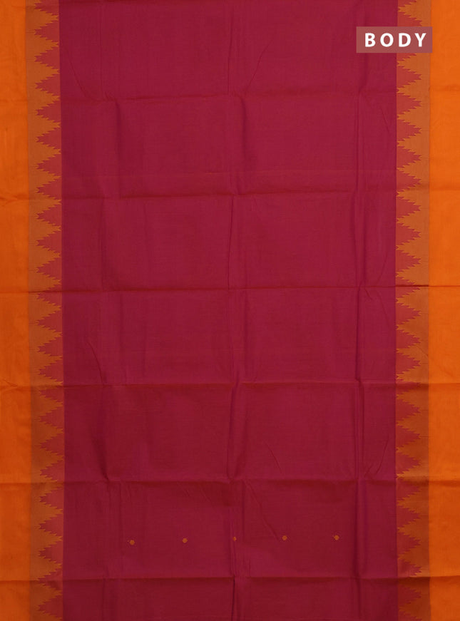 Chettinad cotton saree dual shade of magenta pink and orange with thread woven buttas and temple design simple border