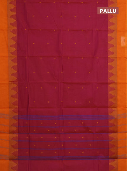 Chettinad cotton saree dual shade of magenta pink and orange with thread woven buttas and temple design simple border