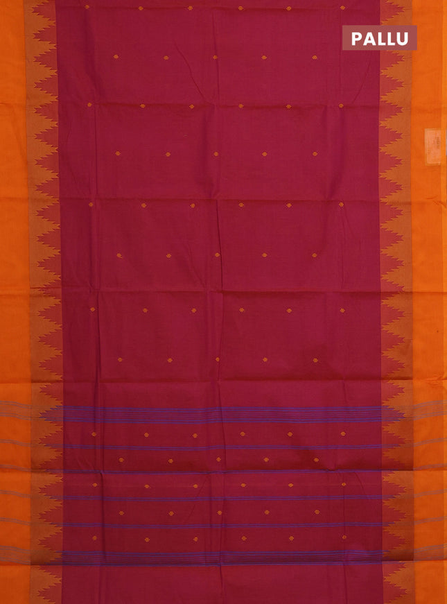 Chettinad cotton saree dual shade of magenta pink and orange with thread woven buttas and temple design simple border
