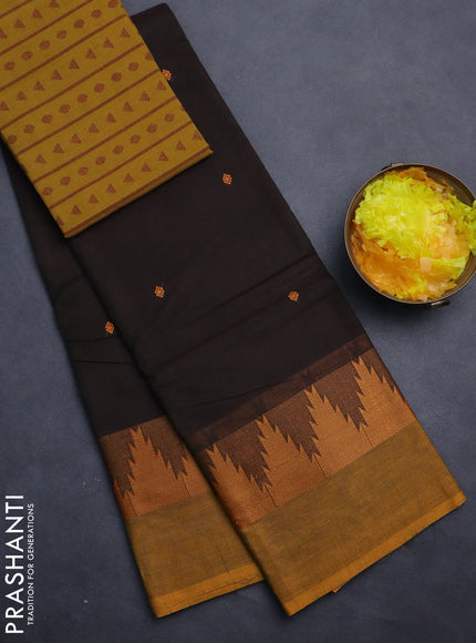 Chettinad cotton saree sap green and mustard yellow with thread woven buttas and temple design simple border