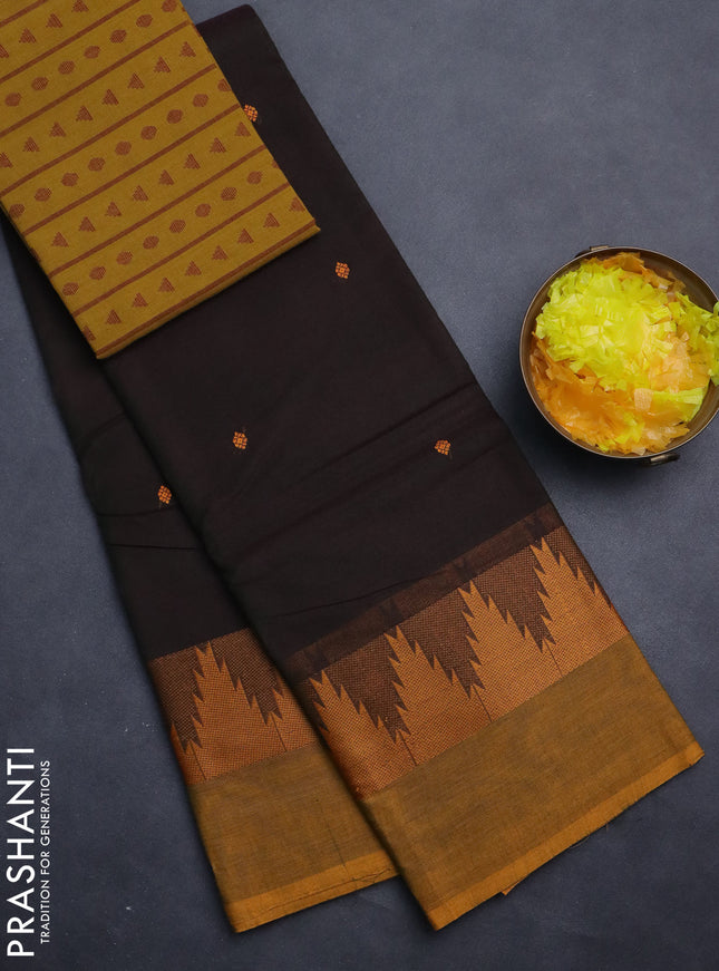 Chettinad cotton saree sap green and mustard yellow with thread woven buttas and temple design simple border
