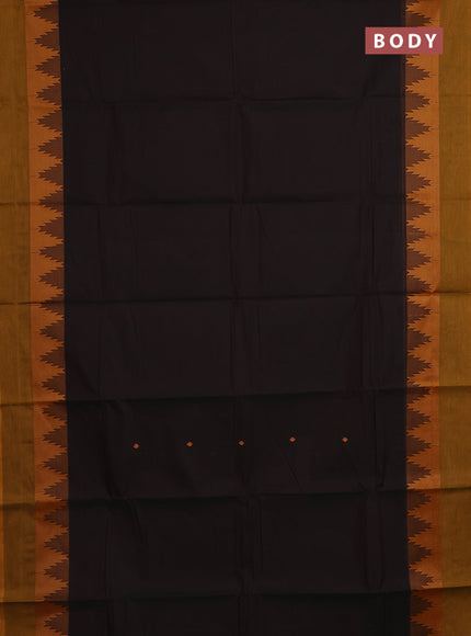 Chettinad cotton saree sap green and mustard yellow with thread woven buttas and temple design simple border
