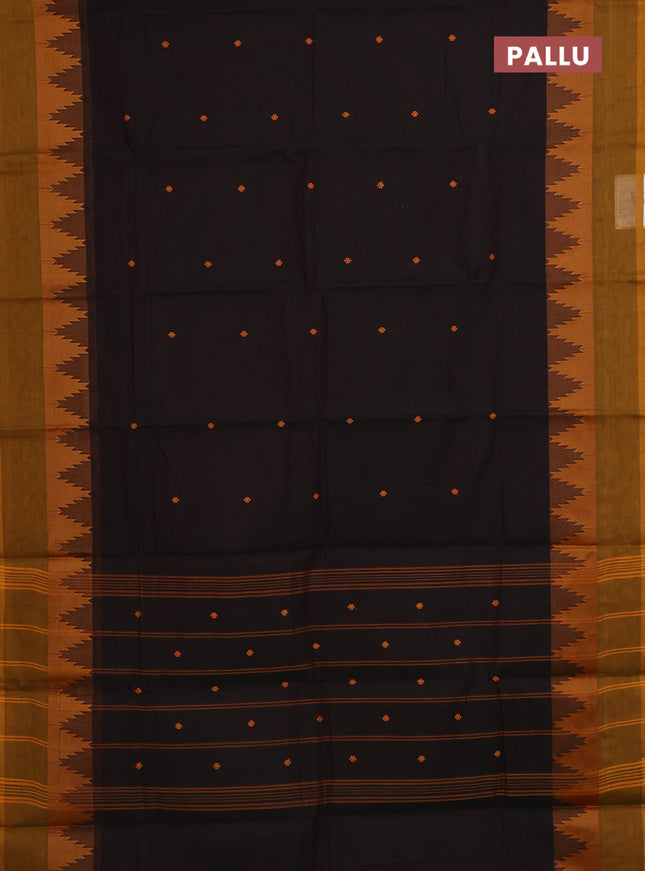 Chettinad cotton saree sap green and mustard yellow with thread woven buttas and temple design simple border