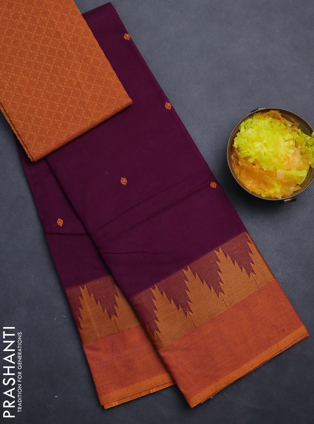 Chettinad cotton saree purple and dark mustard with thread woven buttas and temple design simple border