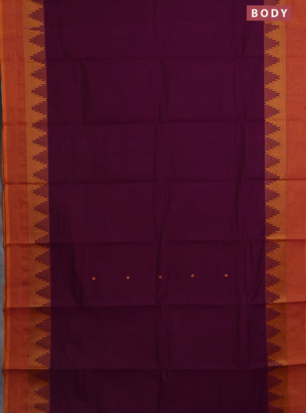 Chettinad cotton saree purple and dark mustard with thread woven buttas and temple design simple border