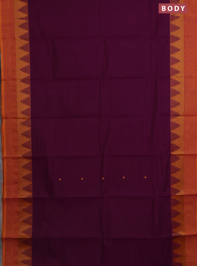Chettinad cotton saree purple and dark mustard with thread woven buttas and temple design simple border