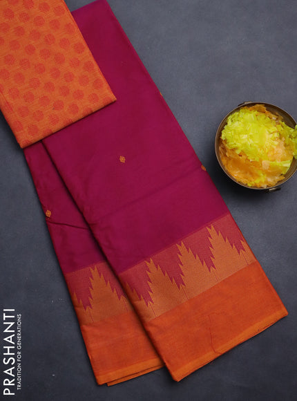 Chettinad cotton saree magenta pink and sunset orange with thread woven buttas and temple design simple border