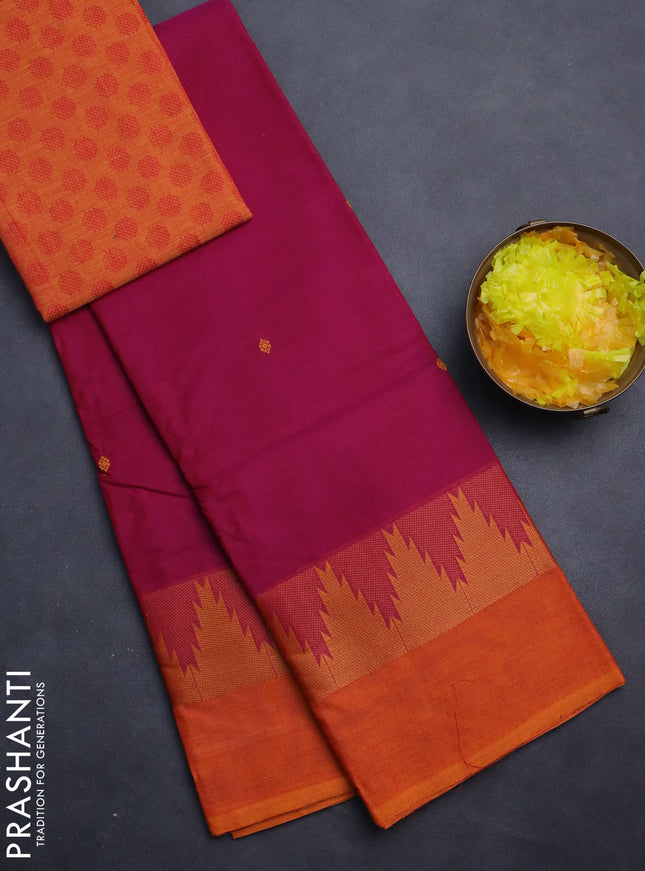 Chettinad cotton saree magenta pink and sunset orange with thread woven buttas and temple design simple border