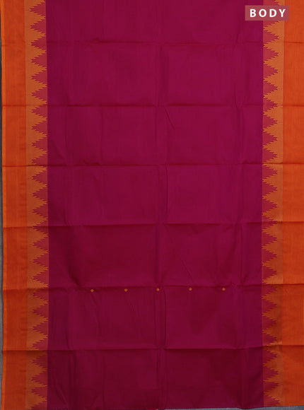 Chettinad cotton saree magenta pink and sunset orange with thread woven buttas and temple design simple border