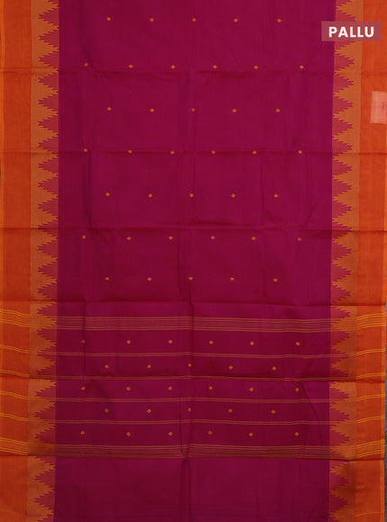Chettinad cotton saree magenta pink and sunset orange with thread woven buttas and temple design simple border