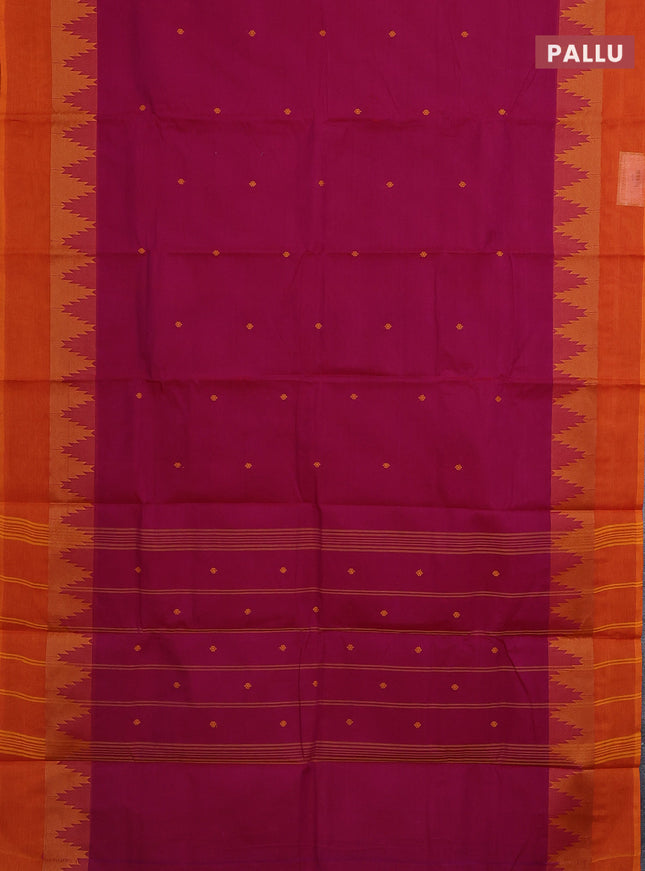 Chettinad cotton saree magenta pink and sunset orange with thread woven buttas and temple design simple border