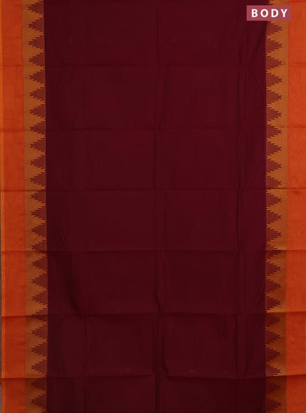 Chettinad cotton saree maroon and sunset orange with thread woven buttas and temple design simple border