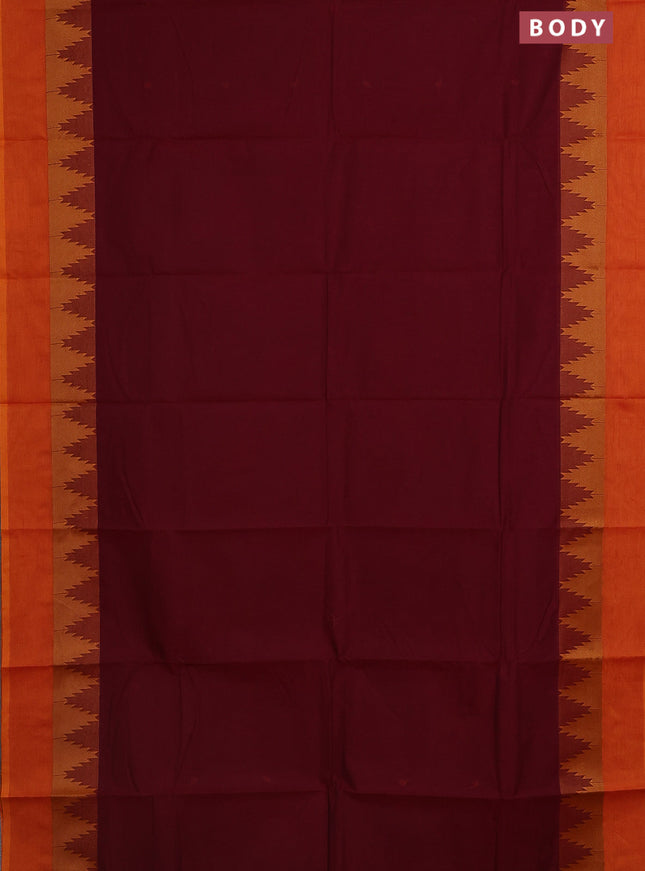 Chettinad cotton saree maroon and sunset orange with thread woven buttas and temple design simple border