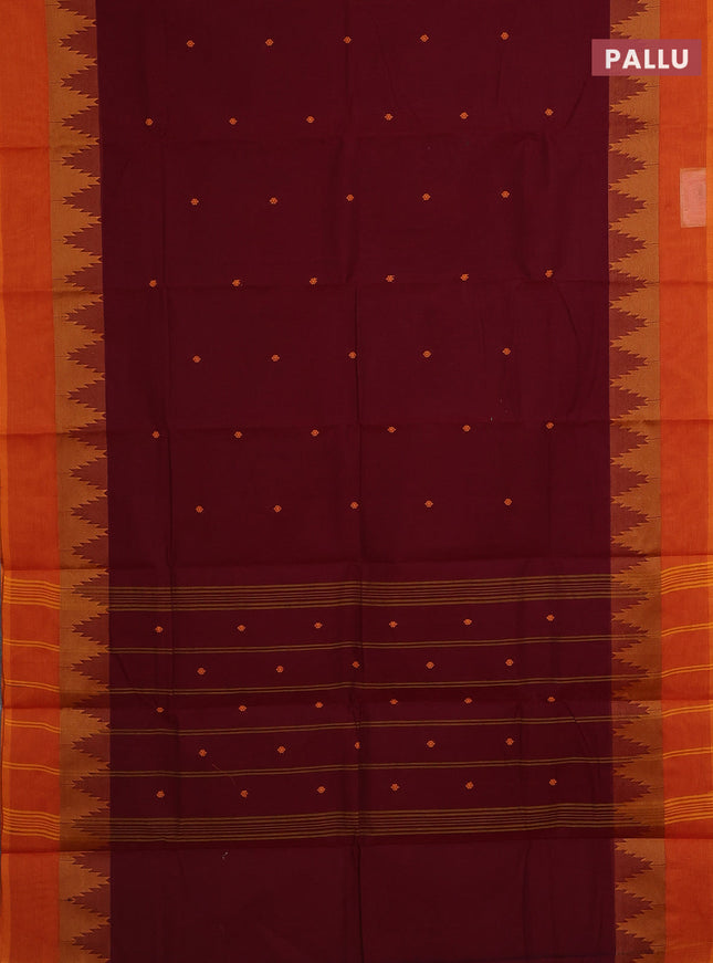 Chettinad cotton saree maroon and sunset orange with thread woven buttas and temple design simple border