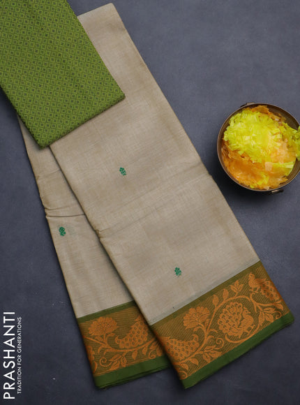 Chettinad cotton saree beige and green with thread woven buttas and thread woven border