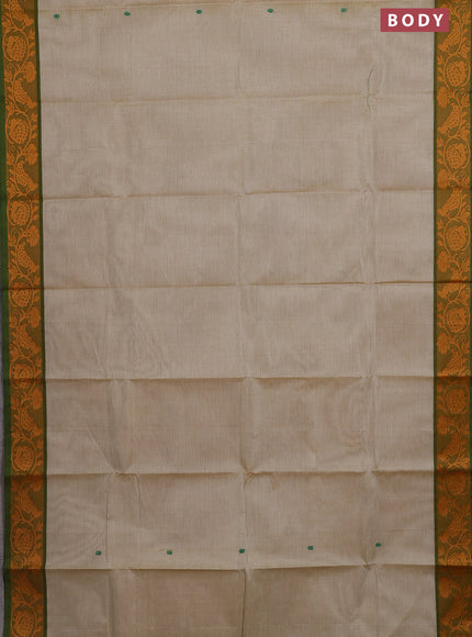 Chettinad cotton saree beige and green with thread woven buttas and thread woven border