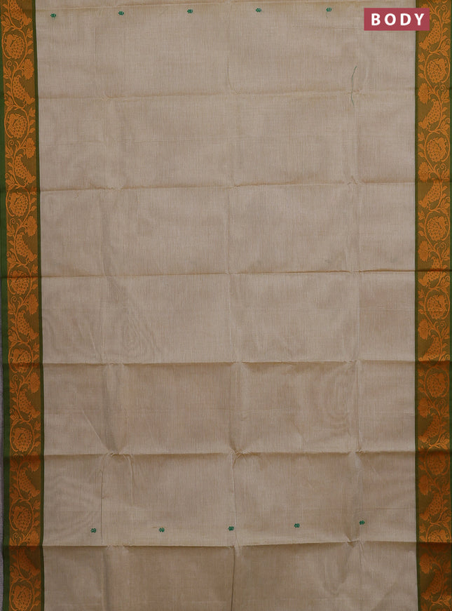 Chettinad cotton saree beige and green with thread woven buttas and thread woven border