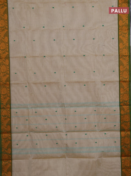 Chettinad cotton saree beige and green with thread woven buttas and thread woven border